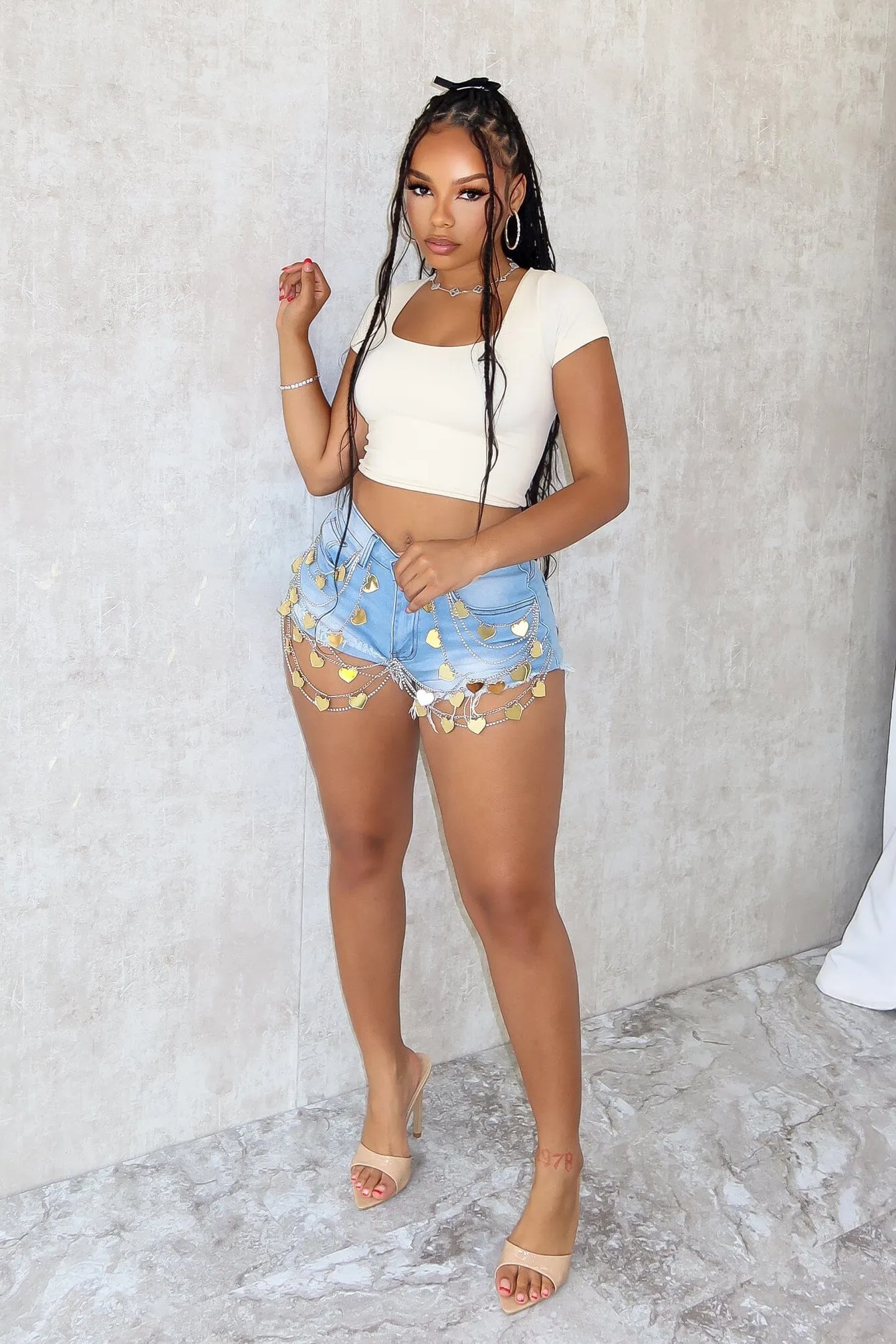 Stormi Heart & Chain Draped Denim Shorts