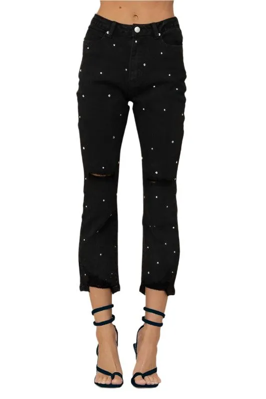 Studded Rhinestone Distressed Denim Jeans