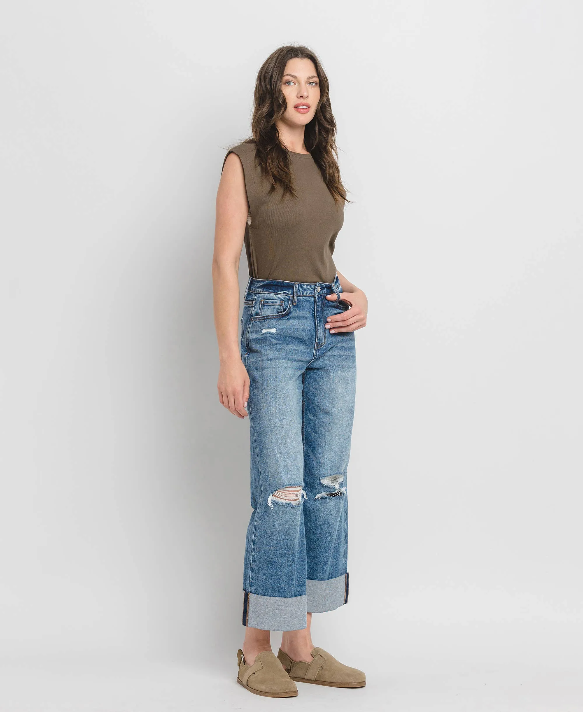 SUPER HIGH RISE CUFF BAGGY WIDE LEG JEANS