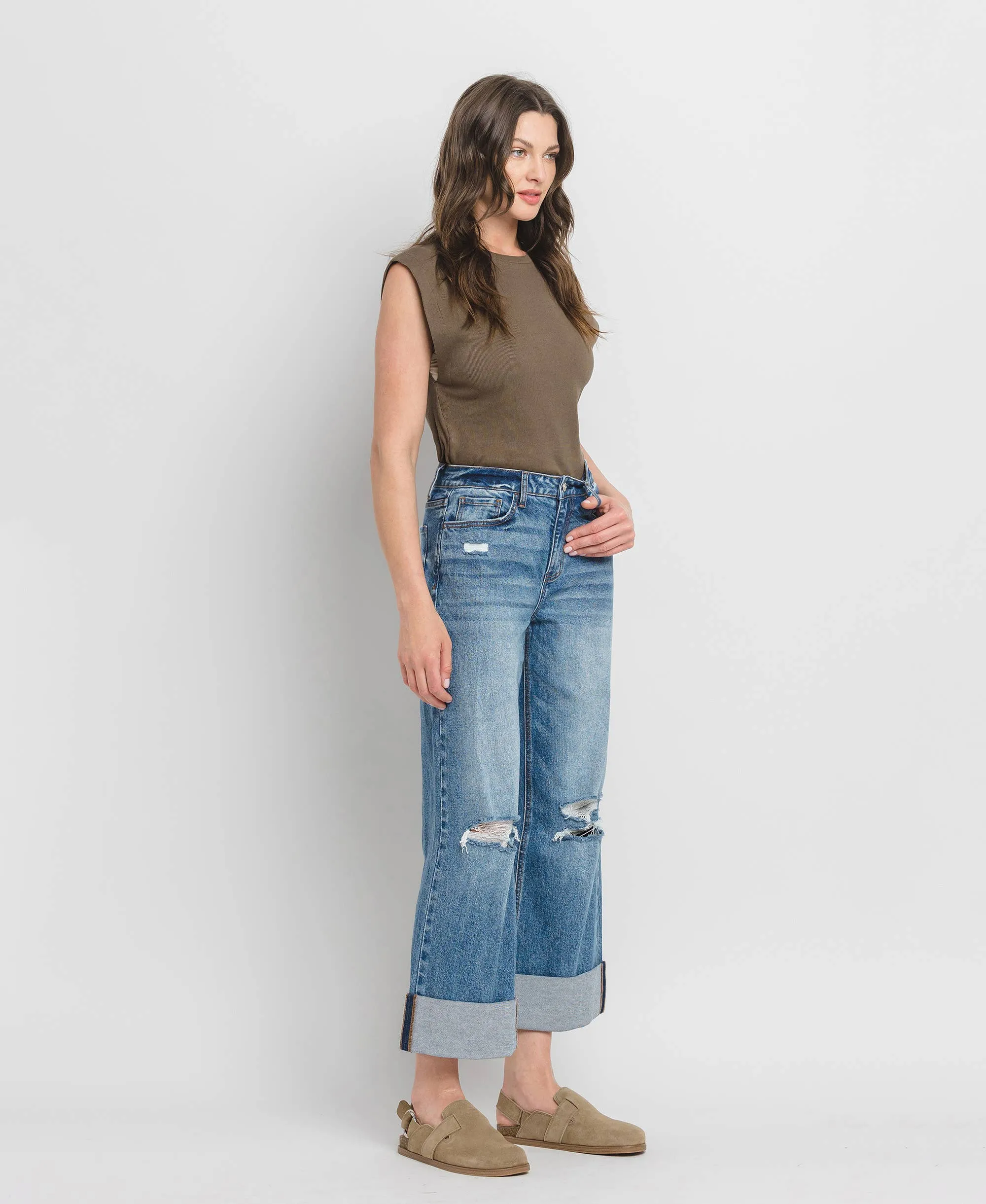 SUPER HIGH RISE CUFF BAGGY WIDE LEG JEANS