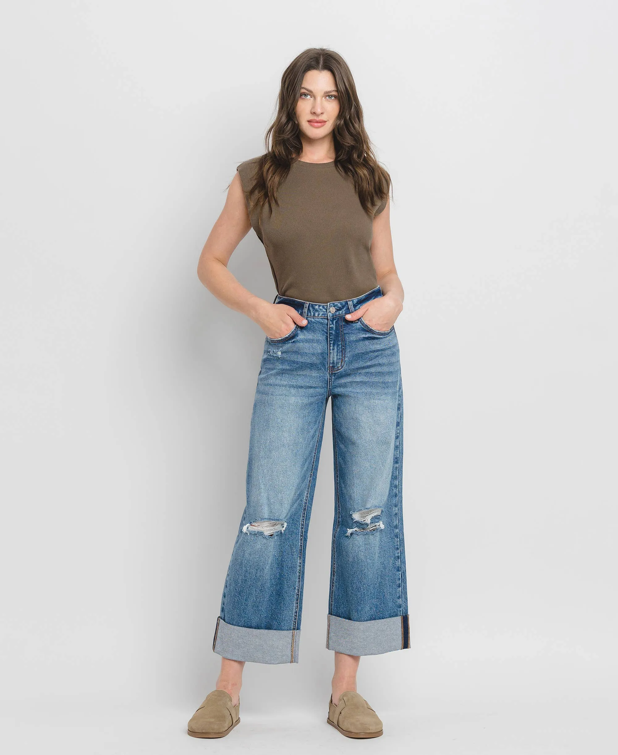 SUPER HIGH RISE CUFF BAGGY WIDE LEG JEANS