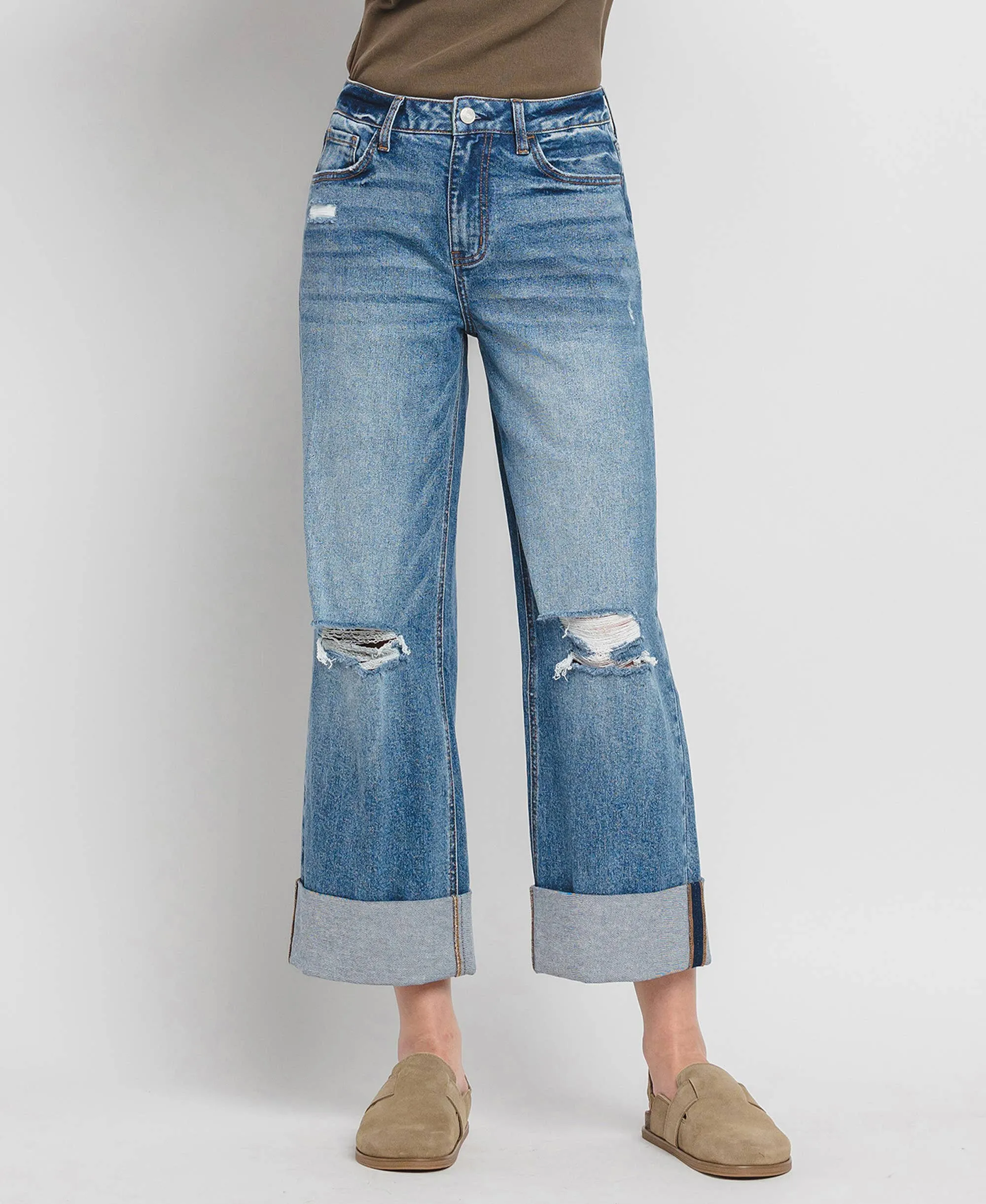 SUPER HIGH RISE CUFF BAGGY WIDE LEG JEANS