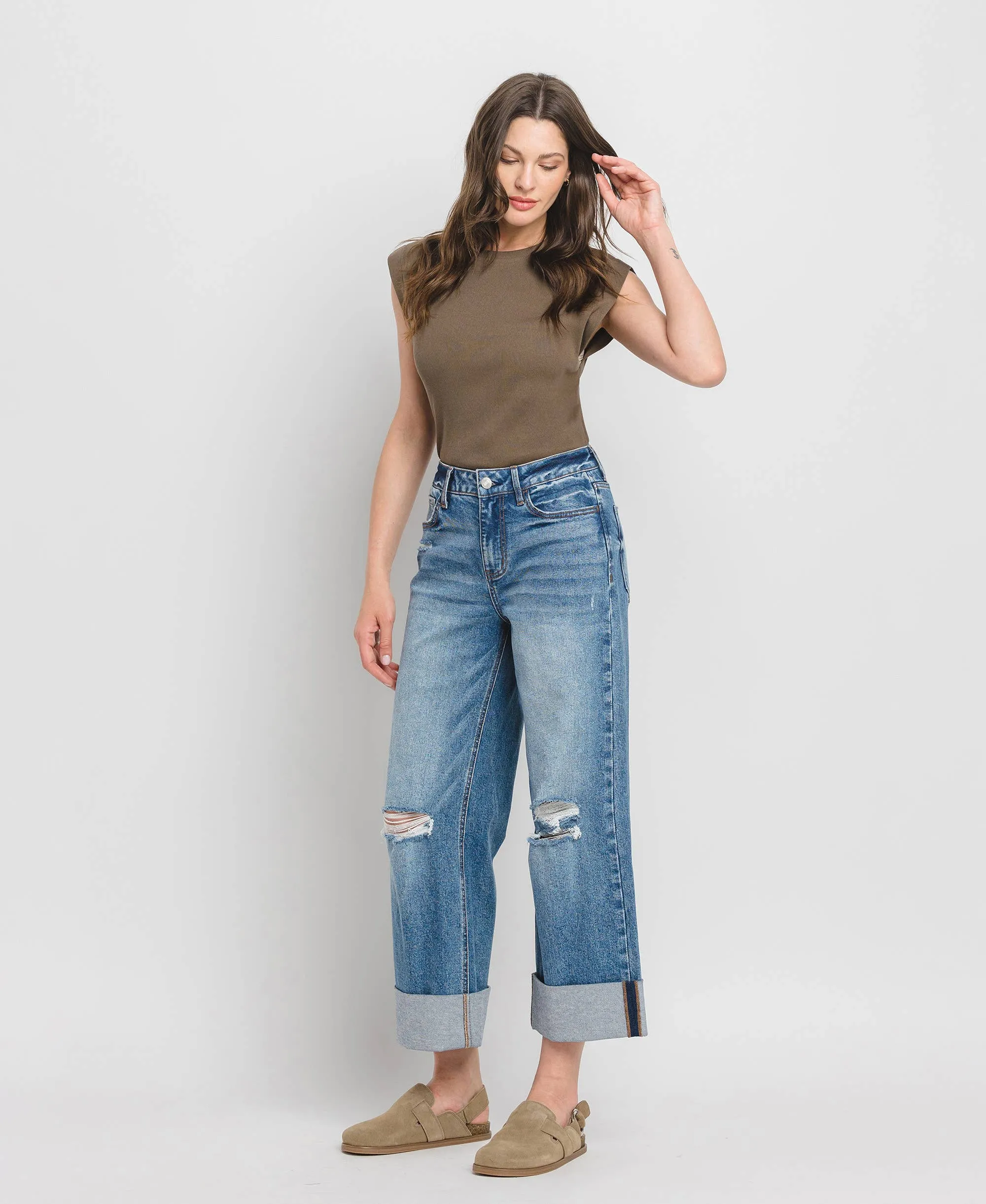 SUPER HIGH RISE CUFF BAGGY WIDE LEG JEANS