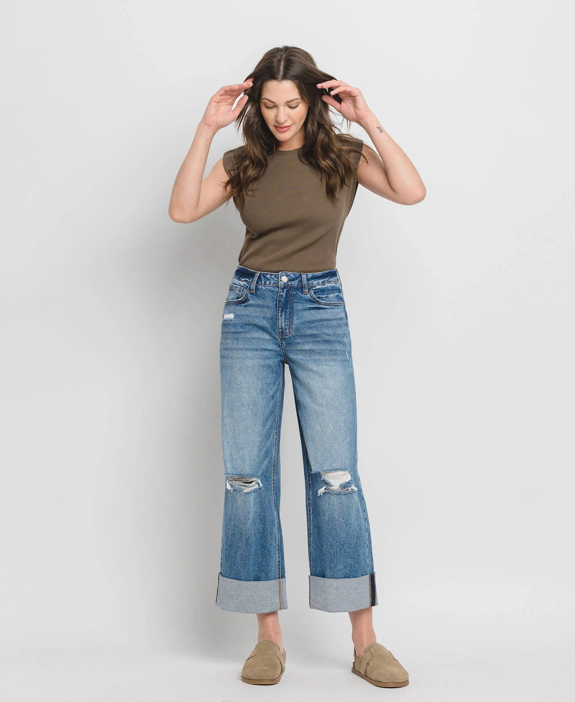 SUPER HIGH RISE CUFF BAGGY WIDE LEG JEANS