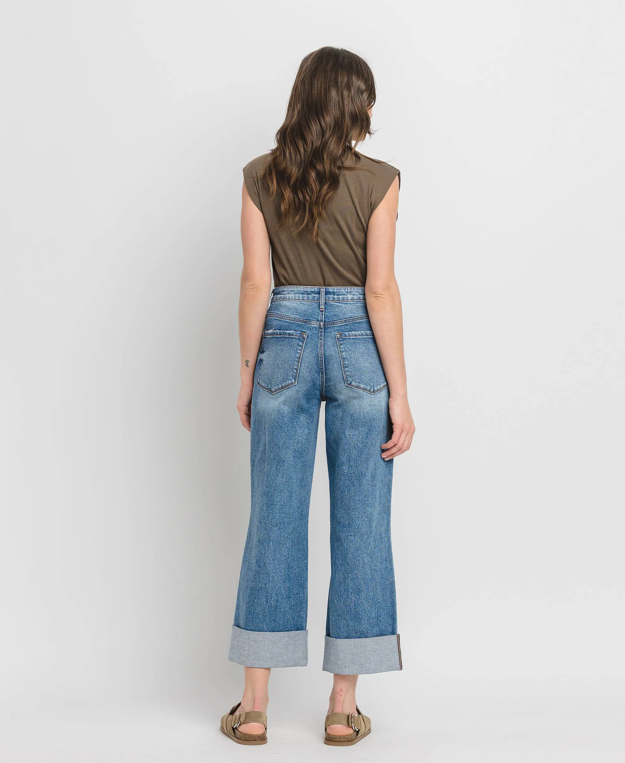 SUPER HIGH RISE CUFF BAGGY WIDE LEG JEANS