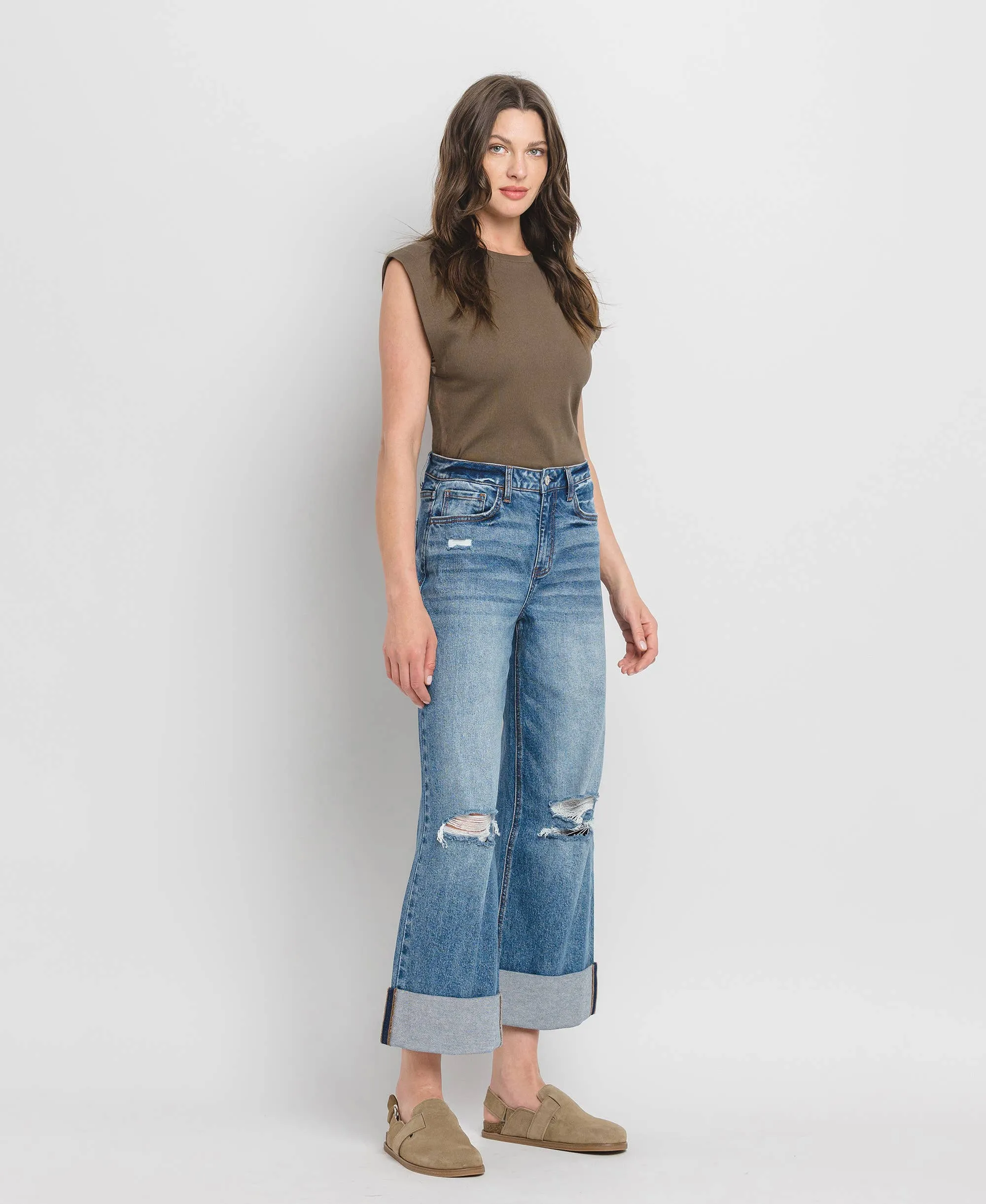 SUPER HIGH RISE CUFF BAGGY WIDE LEG JEANS