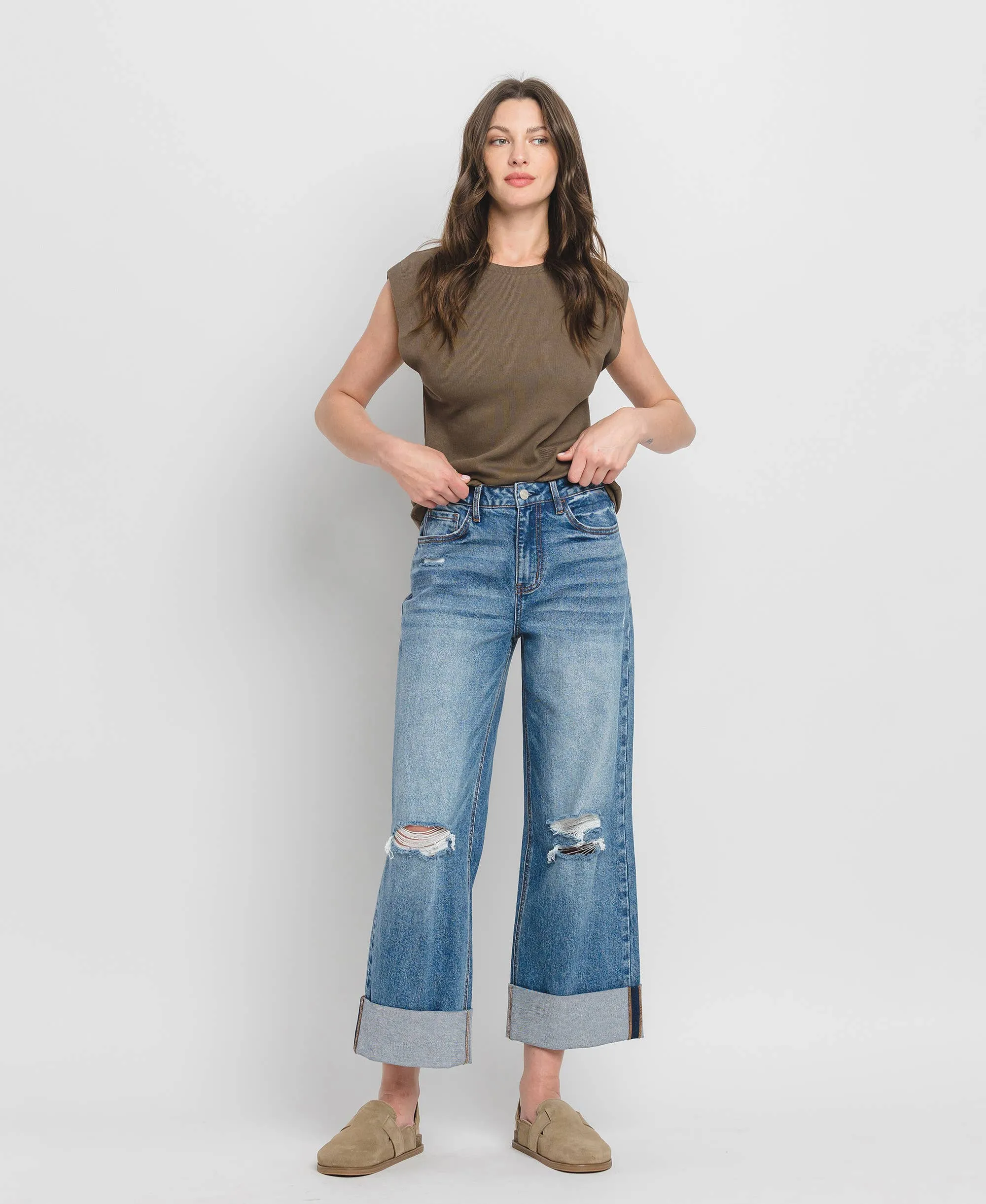 SUPER HIGH RISE CUFF BAGGY WIDE LEG JEANS