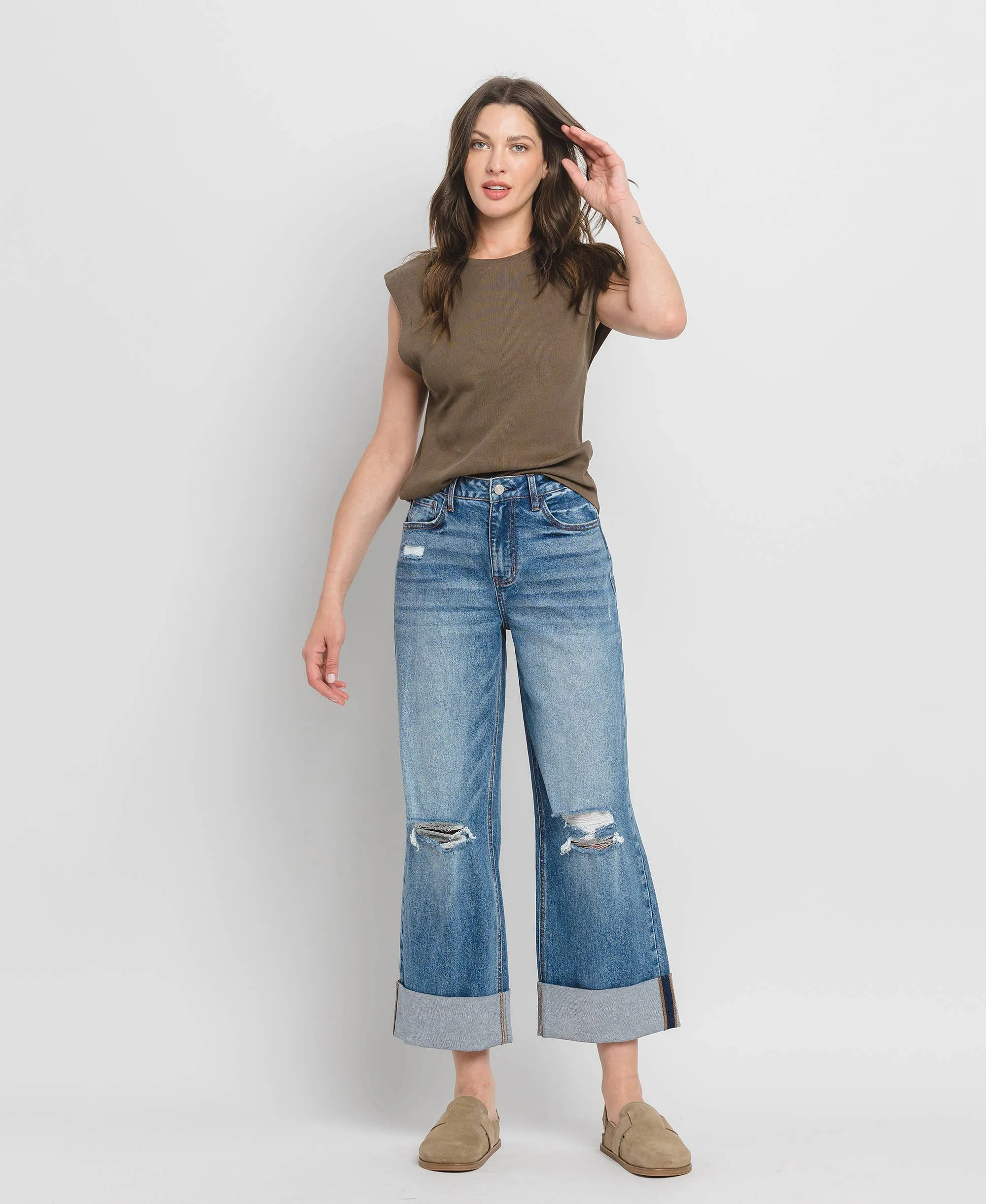 SUPER HIGH RISE CUFF BAGGY WIDE LEG JEANS