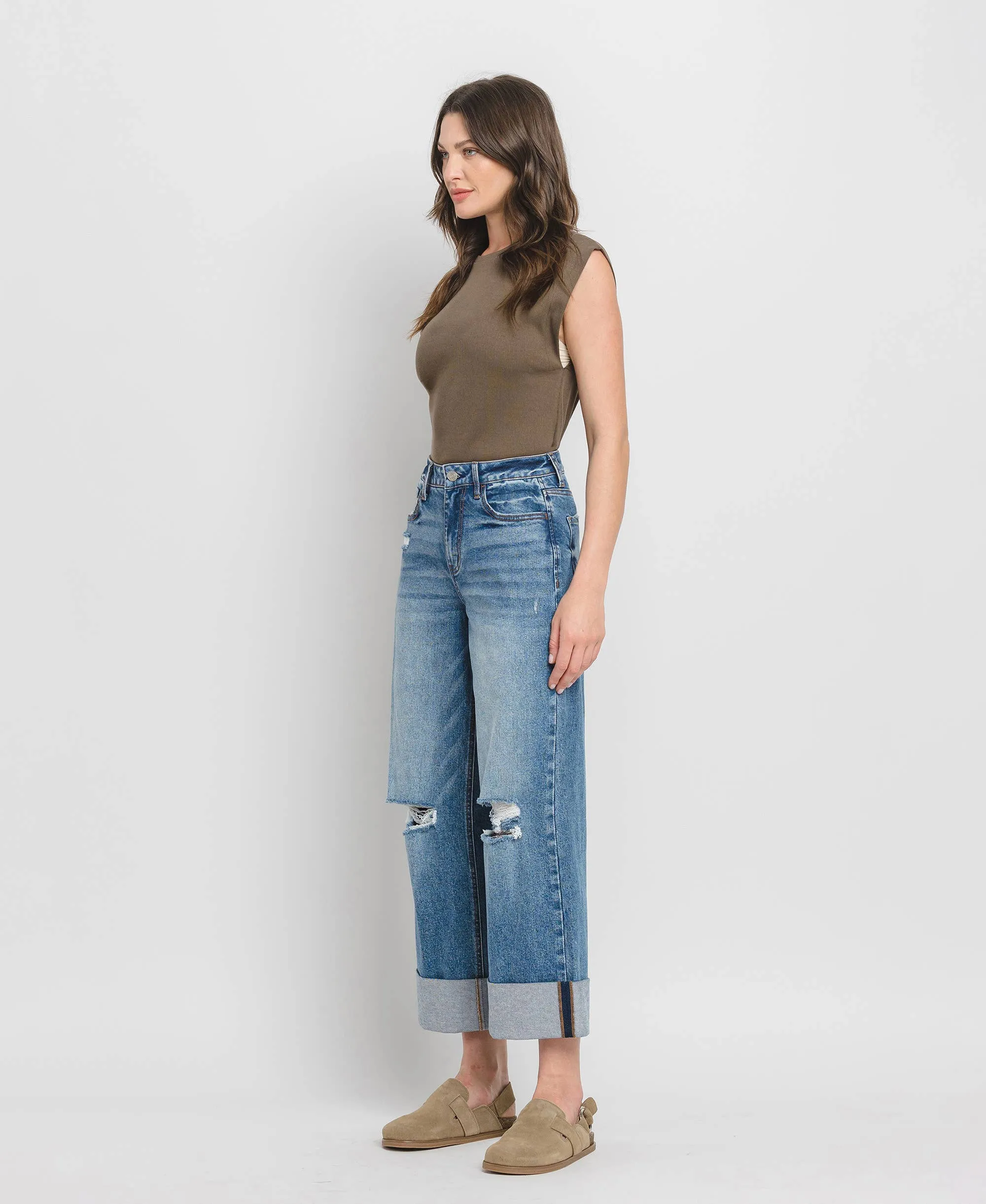 SUPER HIGH RISE CUFF BAGGY WIDE LEG JEANS