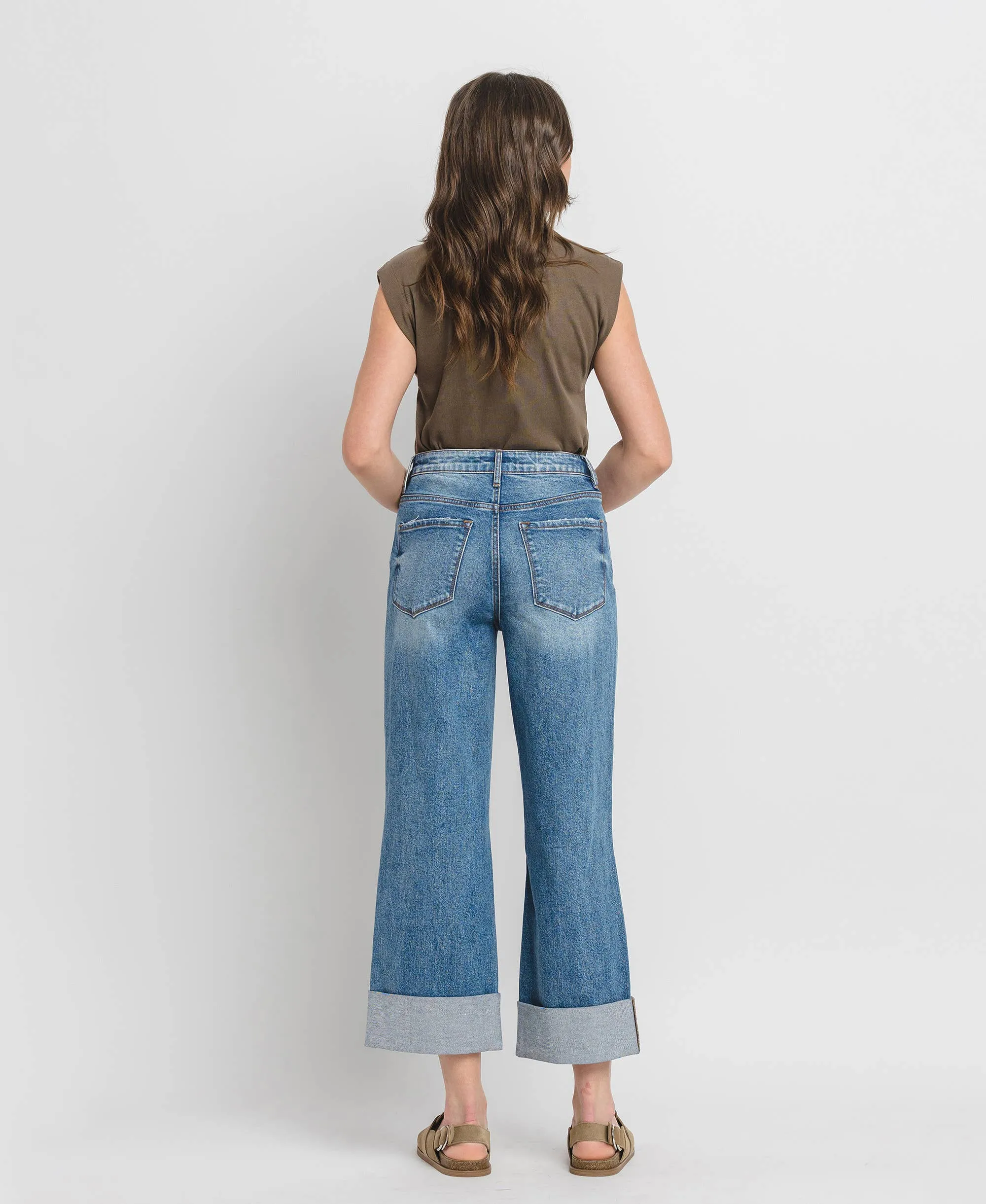 SUPER HIGH RISE CUFF BAGGY WIDE LEG JEANS