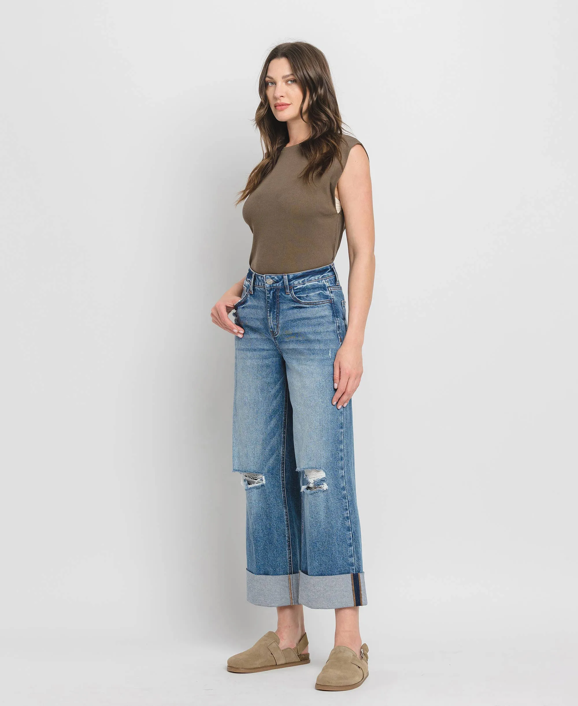 SUPER HIGH RISE CUFF BAGGY WIDE LEG JEANS