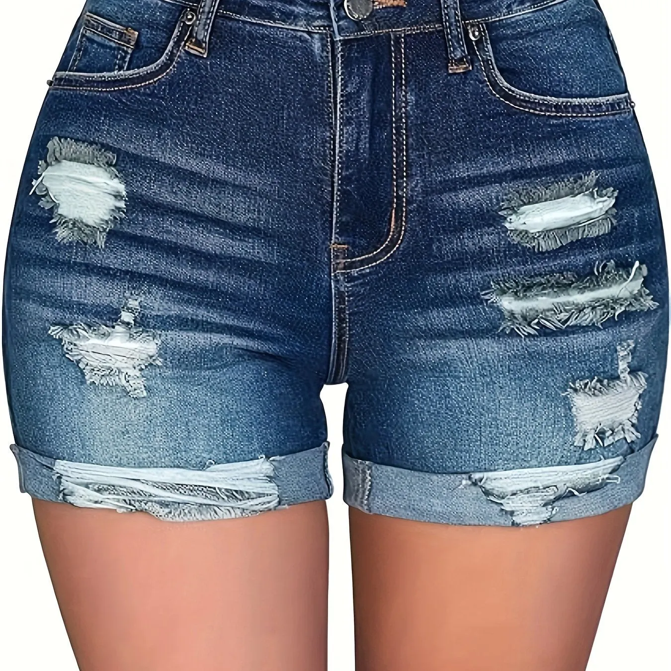 Vibrant Deep Blue Womens Denim Shorts - Relaxed Casual Style with Ripped Details, Mid Waist Design, Roll Up Hem - High-Quality Jean Material, Perfect for Summer Fashion and Chic Hot Pants Style