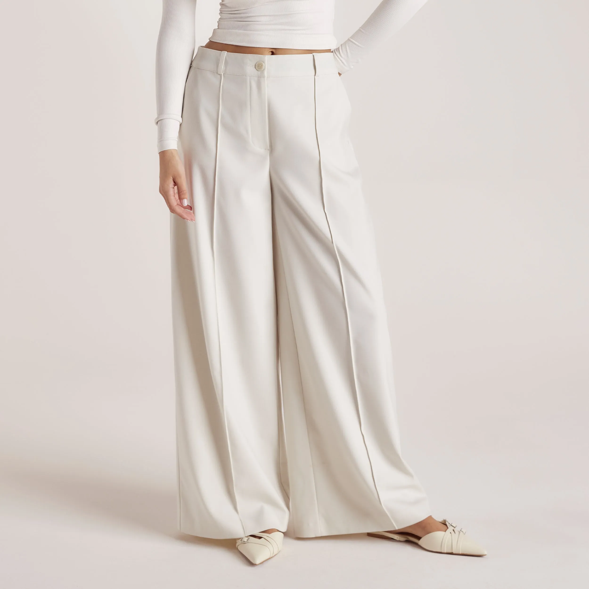 Wide-Leg Tailored Trousers - Cream