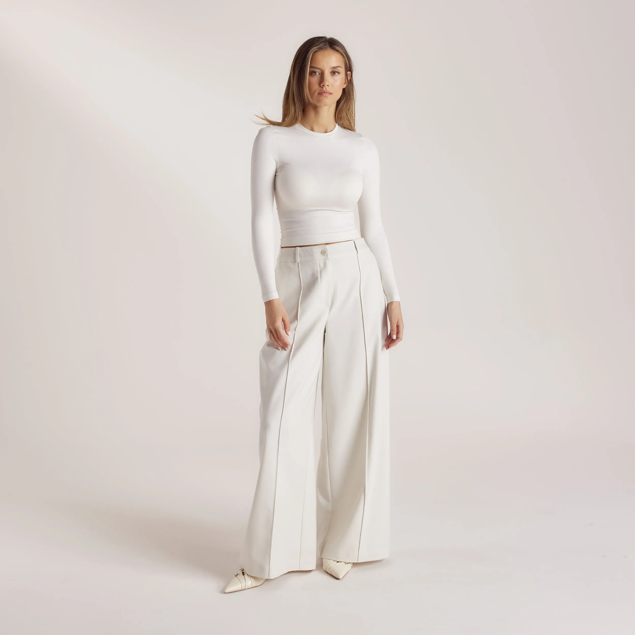 Wide-Leg Tailored Trousers - Cream