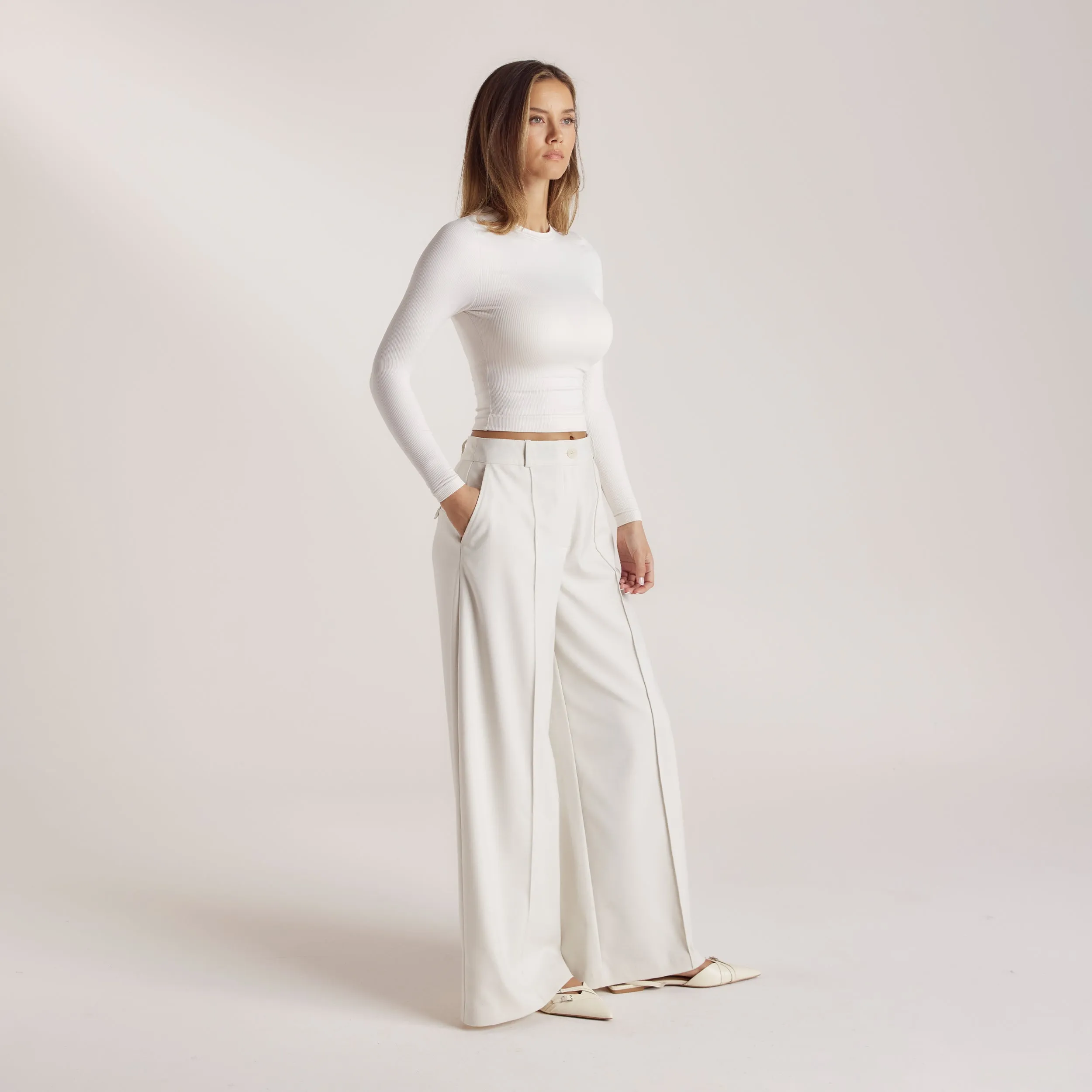 Wide-Leg Tailored Trousers - Cream