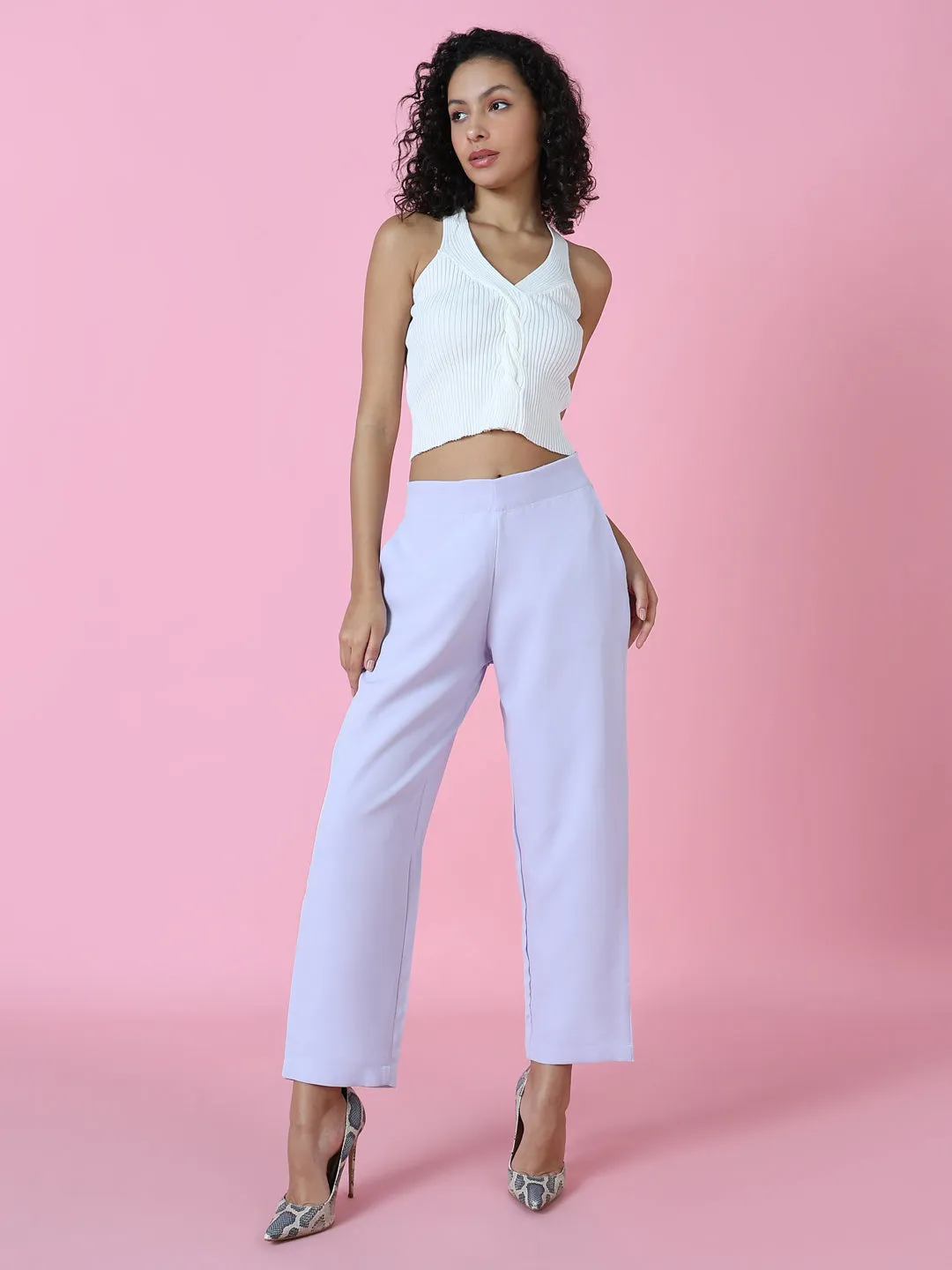 Women Solid Lavender Formal Trousers