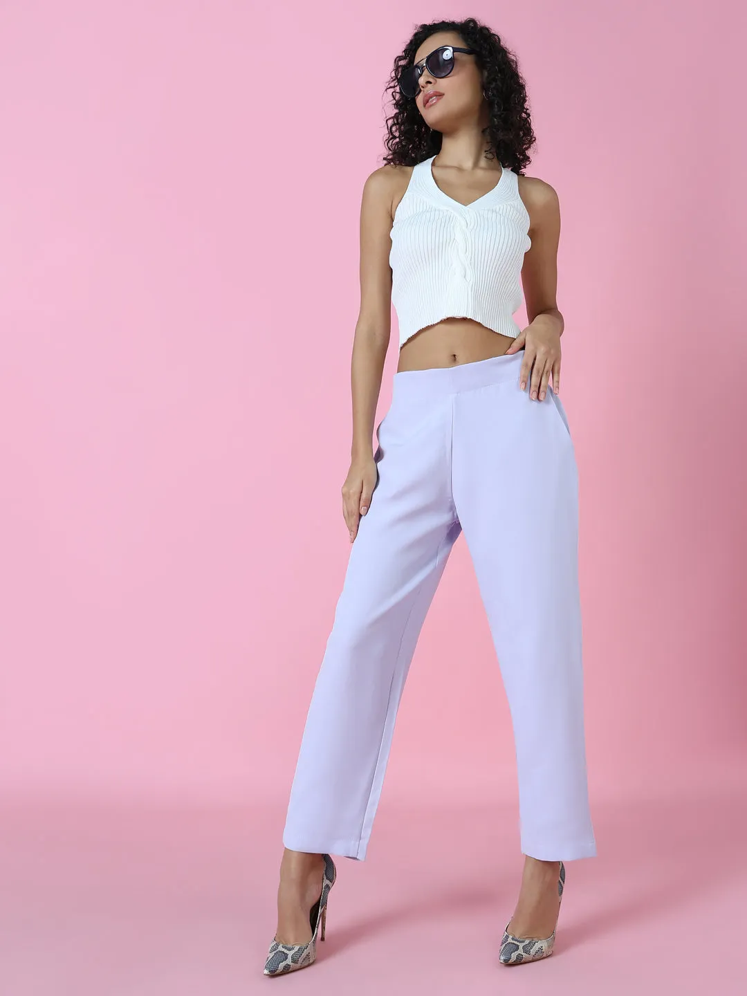 Women Solid Lavender Formal Trousers