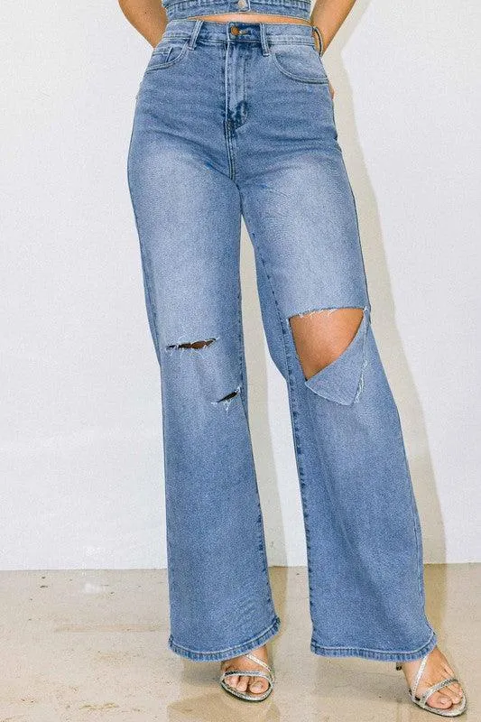 Womens Blue Distressed Wide Fit Jeans