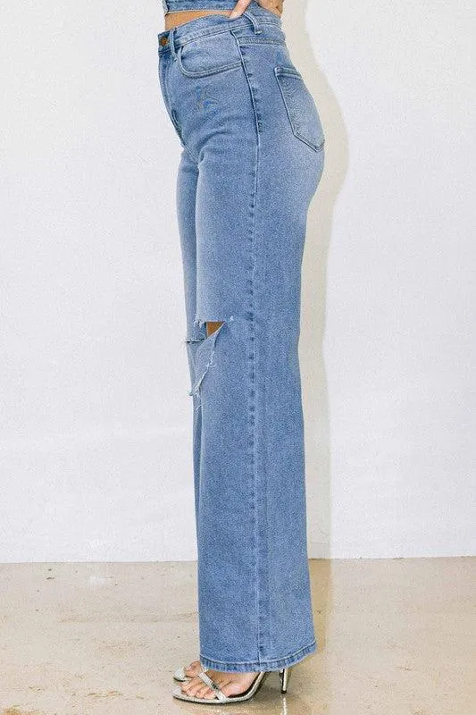 Womens Blue Distressed Wide Fit Jeans