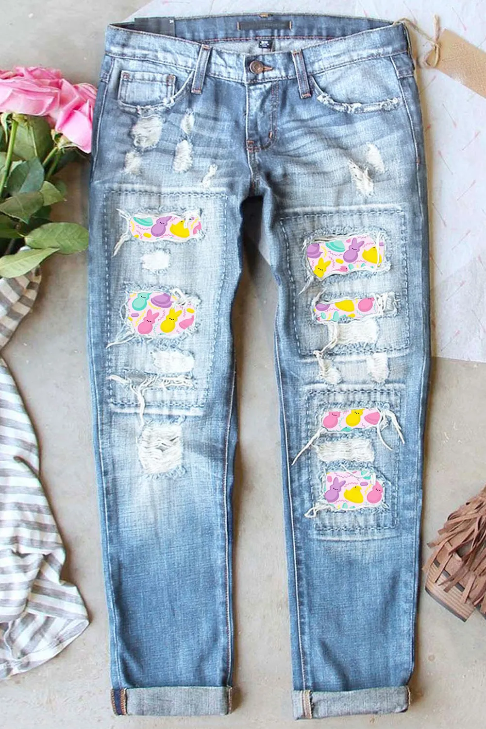 Womens Cute Bunny Print Jeans Destroyed Patchwork Denim Pants