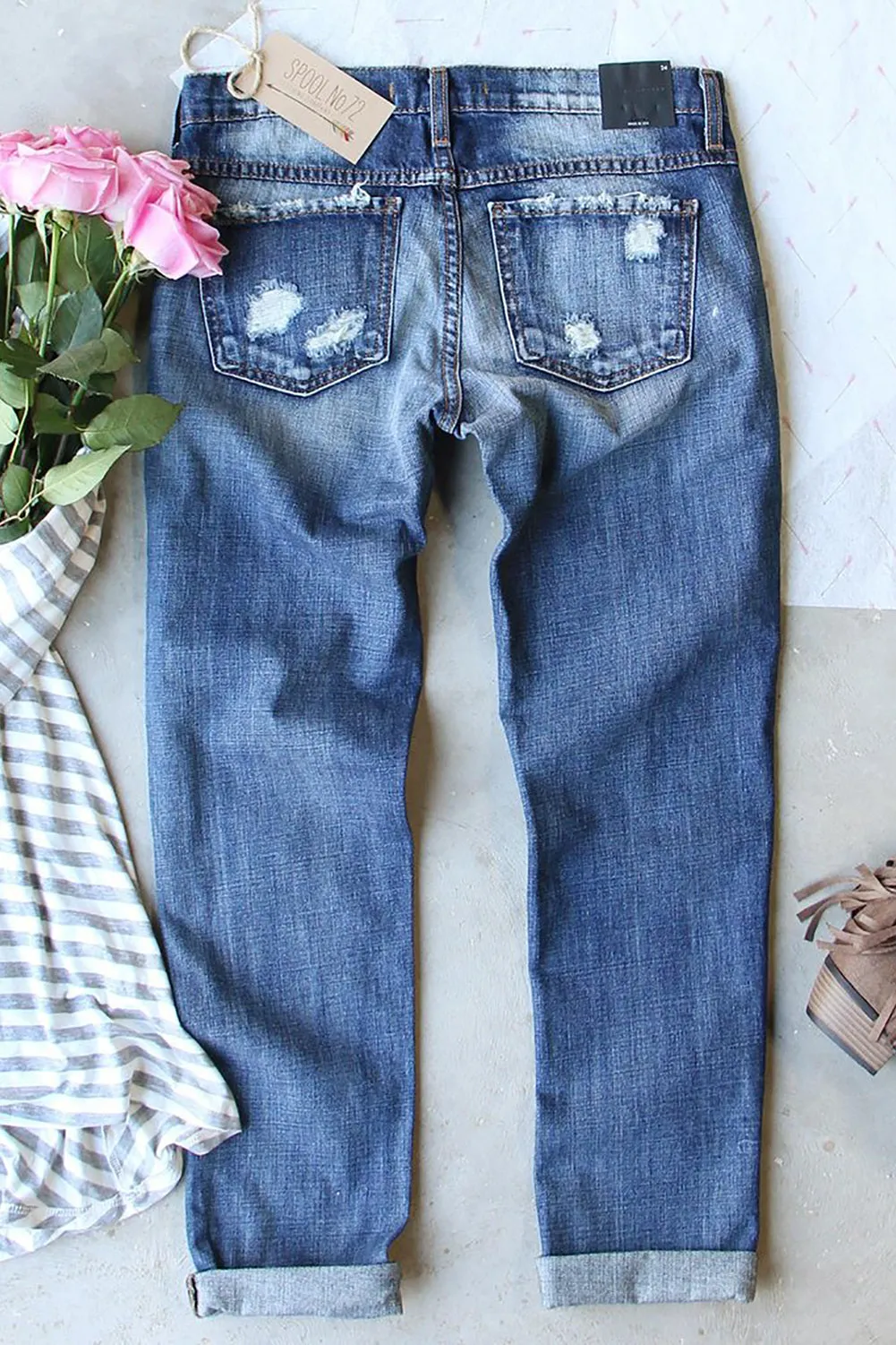 Womens Cute Bunny Print Jeans Destroyed Patchwork Denim Pants