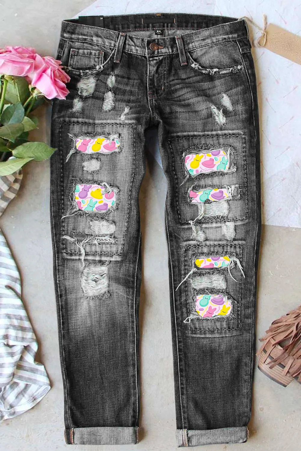 Womens Cute Bunny Print Jeans Destroyed Patchwork Denim Pants