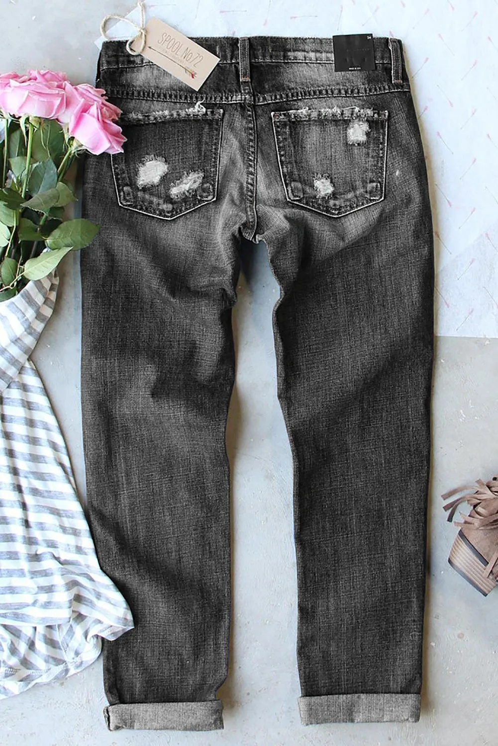 Womens Cute Bunny Print Jeans Destroyed Patchwork Denim Pants