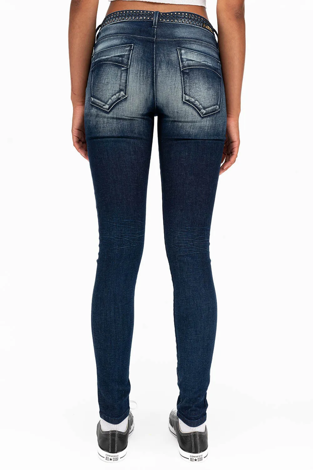 WOMENS MIDRISE SKINNY JEANS IN DARK BLUE WASH WITH CRYSTAL STARS