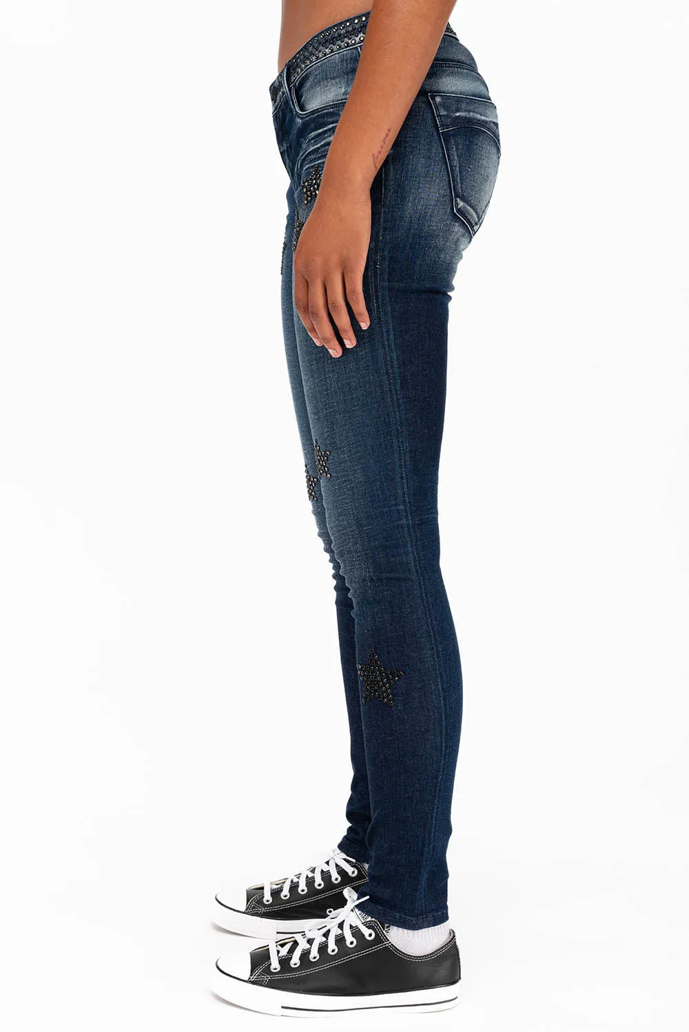 WOMENS MIDRISE SKINNY JEANS IN DARK BLUE WASH WITH CRYSTAL STARS