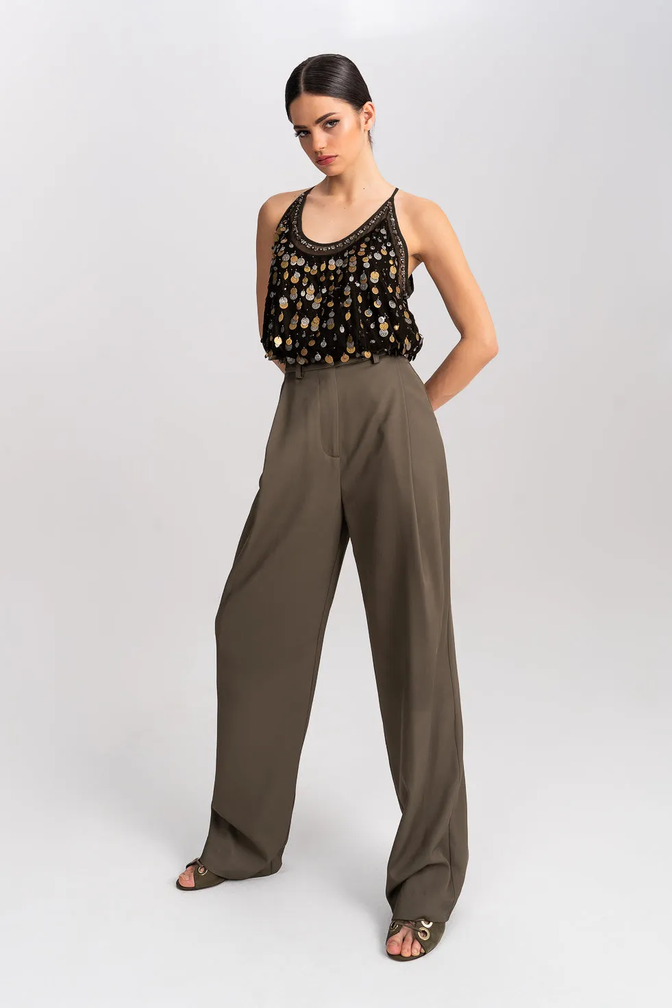 'Zahra' Khaki Pleated Wide-leg Trousers