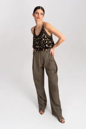 'Zahra' Khaki Pleated Wide-leg Trousers